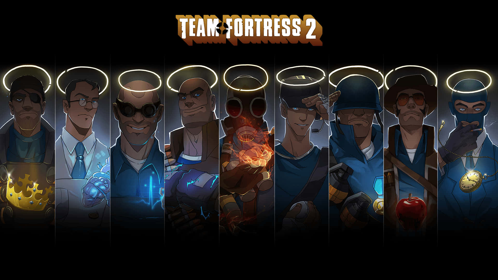 Tf2 Medic 桌布 壁紙 — Team Fortress 2 角色排成一排，在黑暗背景前帶有發光光環，每人手持獨特武器或物品。