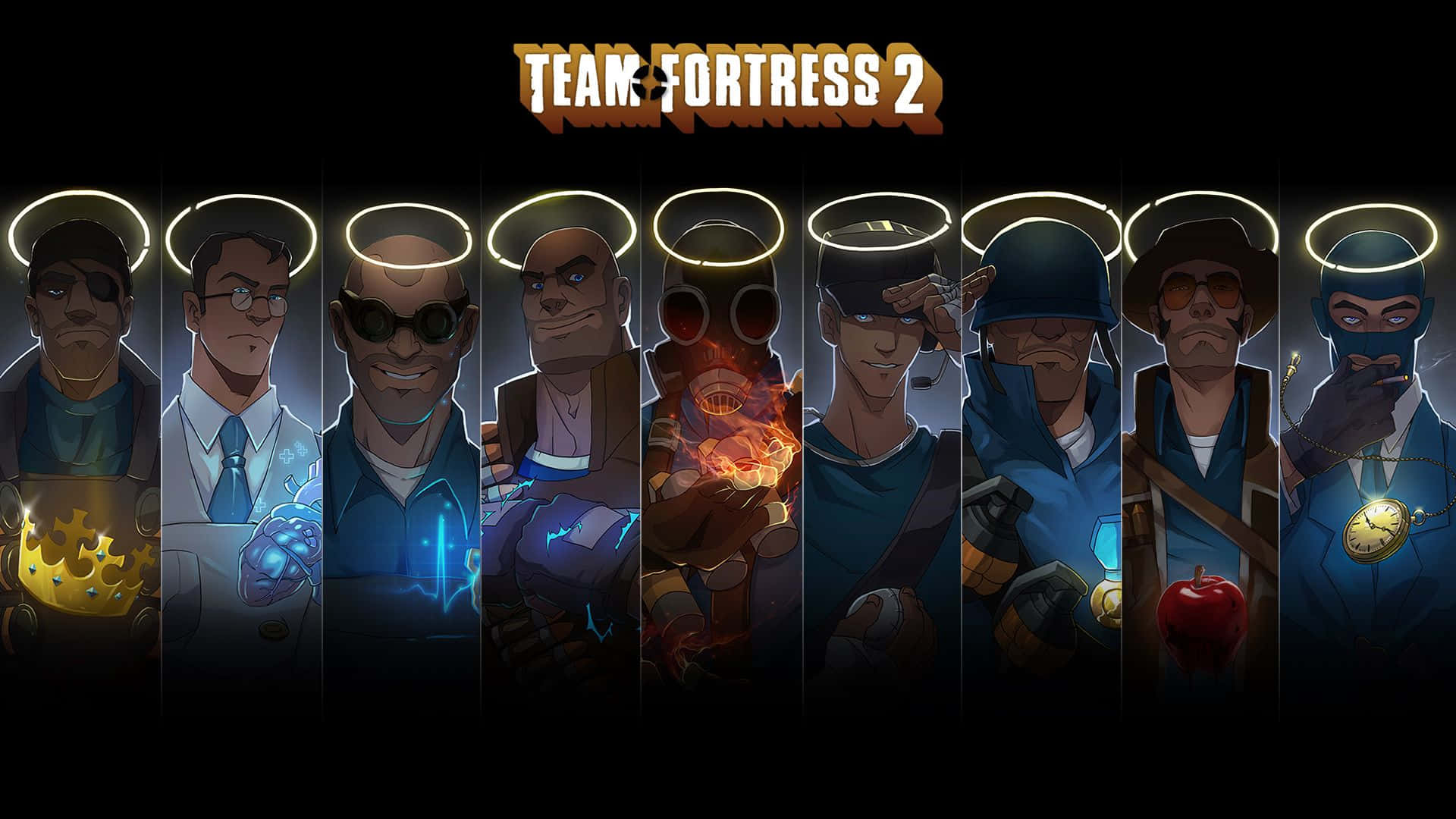 Tf2 桌布 壁紙 — 《Team Fortress 2》角色排成一排，在黑暗背景前帶有發光光環，各自持有獨特的武器或物品。