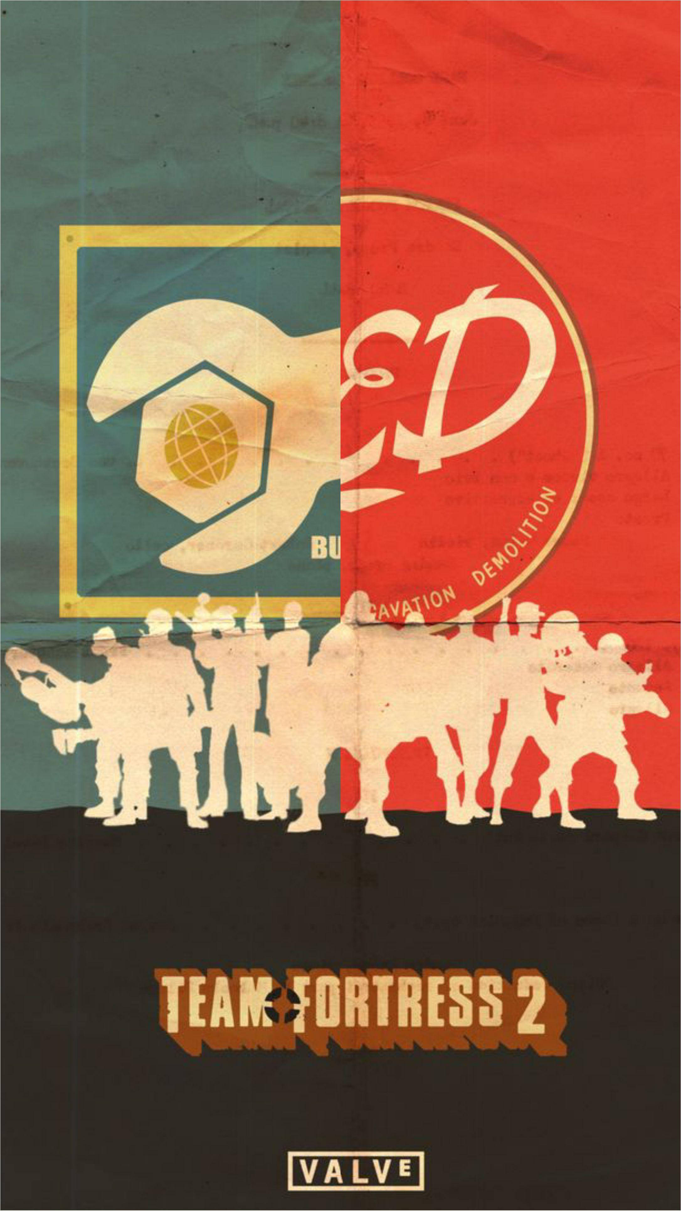 Cool Funny 桌布 壁紙 — Team Fortress 2 的分割海報藝術展示了兩個派系，在青色和紅色背景上有剪影士兵。