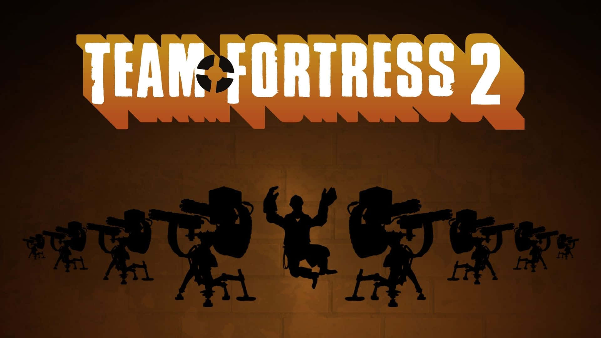 1920x1080 Tf2 桌布 壁紙 — Team Fortress 2 的剪影角色在遊戲大膽的橙色標題標誌下方排成一排。