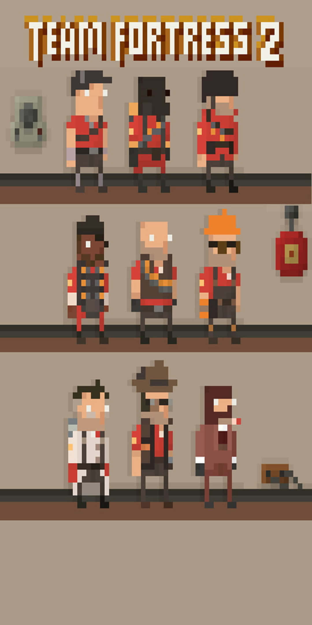 Tf2 桌布 壁紙 — 《Team Fortress 2》的像素藝術角色在純米色牆前排成三行，上方有遊戲標誌。