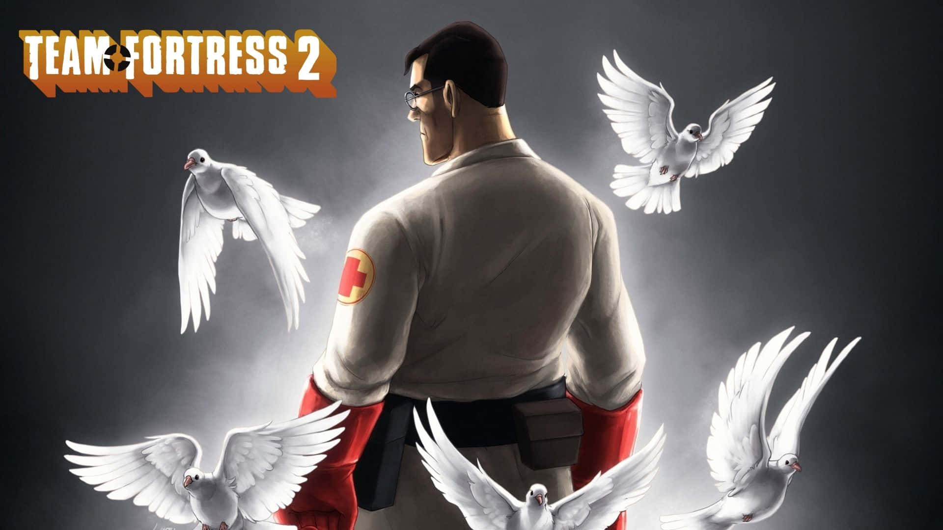 1920x1080 Tf2 桌布 壁紙 — 《Team Fortress 2》中的醫護兵站在黑暗煙霧背景中，白鴿在他周圍飛翔。