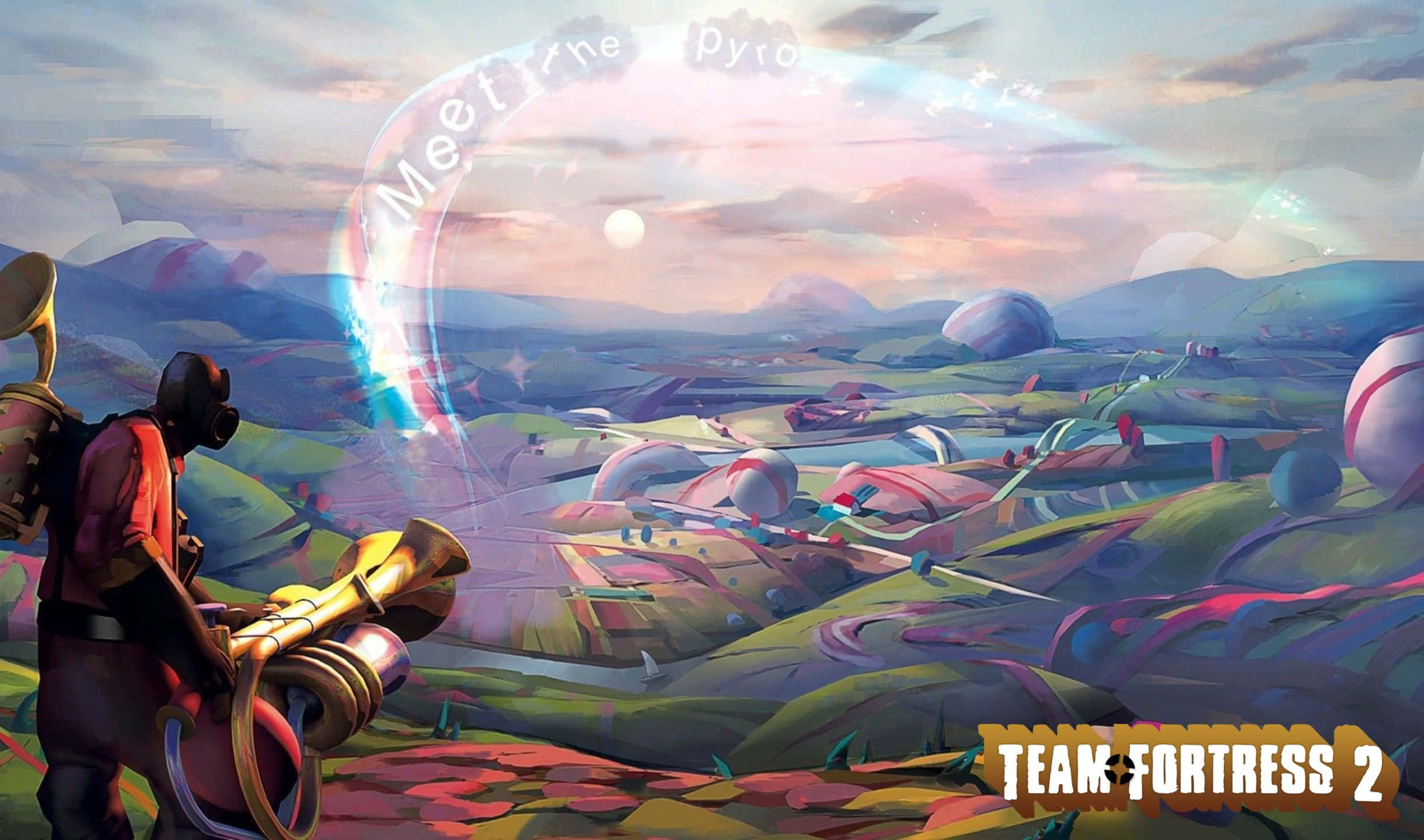 2440x1440 Tf2 桌布 壁紙 — 《Team Fortress 2》中的火焰兵站在一個超現實的外星景觀中，有漂浮的球體和頭頂上拱形的發光文字。