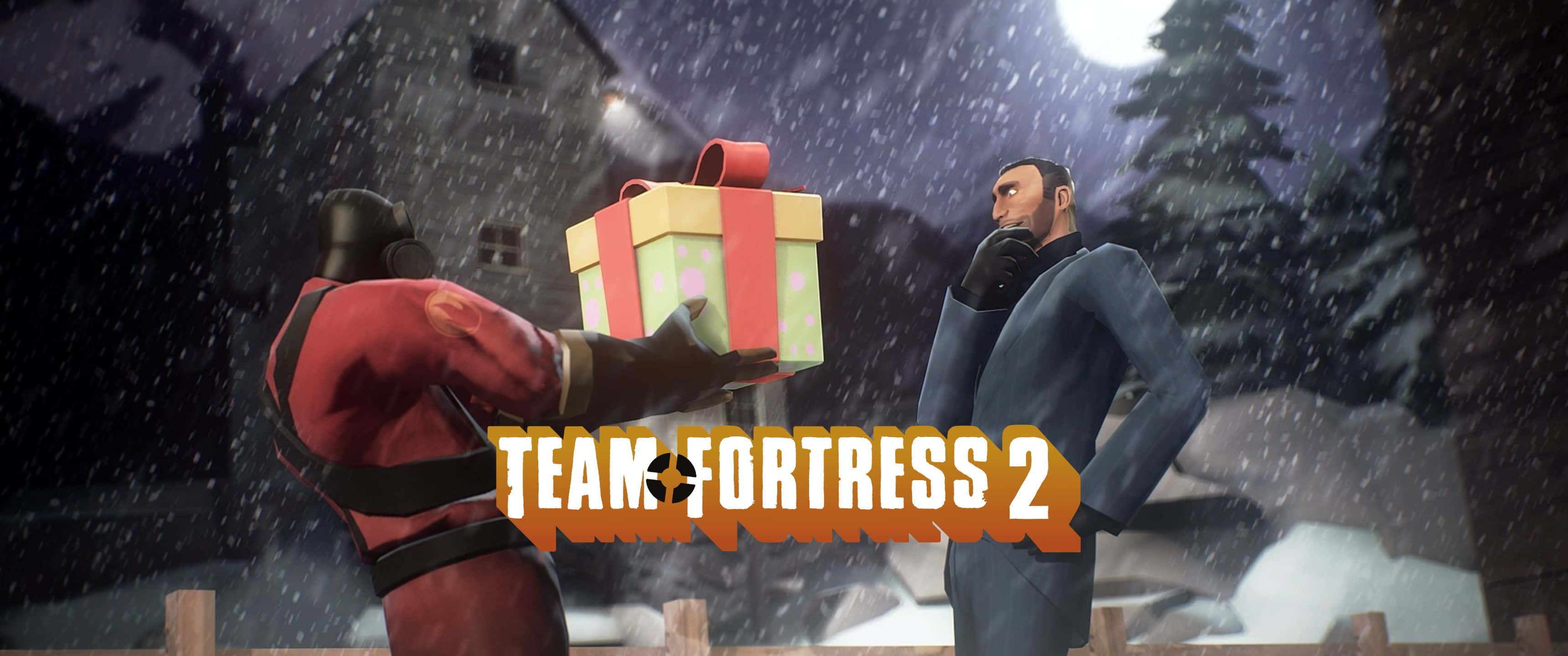 3440x1440p Tf2 桌布 壁紙 — 《Team Fortress 2》中一個積雪的夜晚場景，一名身穿紅色衣服的士兵在滿月下向一名身穿藍色西裝的男子贈送禮物。