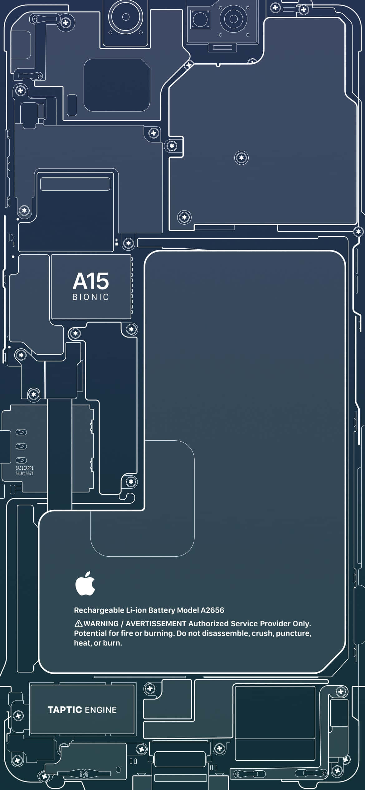 Chipset 桌布 壁紙 — 深藍色調的iPhone內部技術藍圖，揭示A15 Bionic晶片、電池和組件。