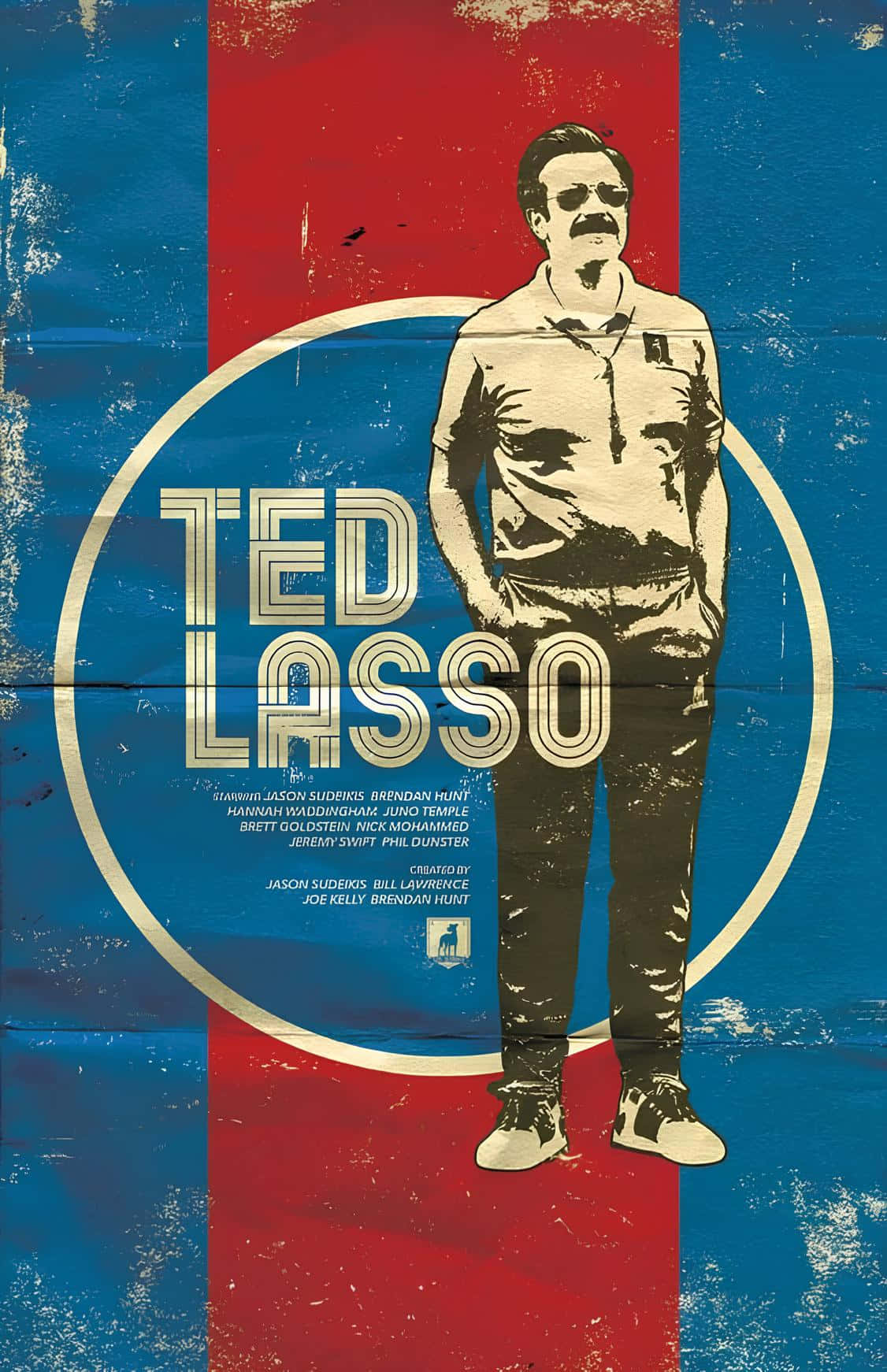  壁紙 — 一張風格化的 Ted Lasso 海報，自信地站在圓形框架內，背景為褪色的紅藍色。