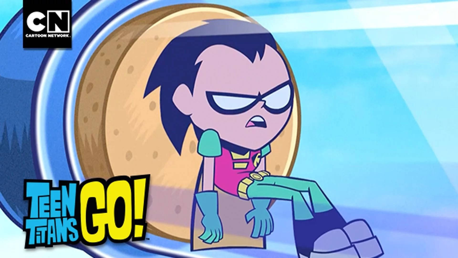 Cartoon Network Characters 桌布 壁紙 — Teen Titans Go! 角色羅賓憤怒地坐在一個帶有藍色漸變背景的巨型餅乾內。