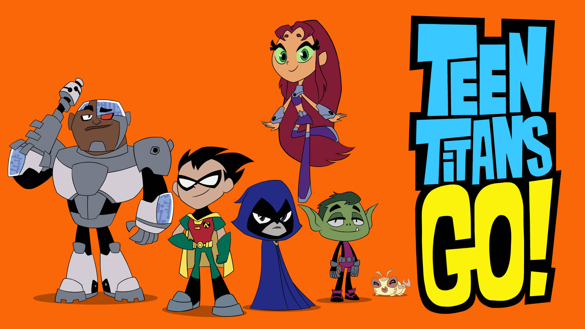 Cartoon Network Characters 桌布 壁紙 — Teen Titans Go! 角色自信地站在大膽的橙色背景前，節目標題以鮮豔的藍色和黃色呈現。