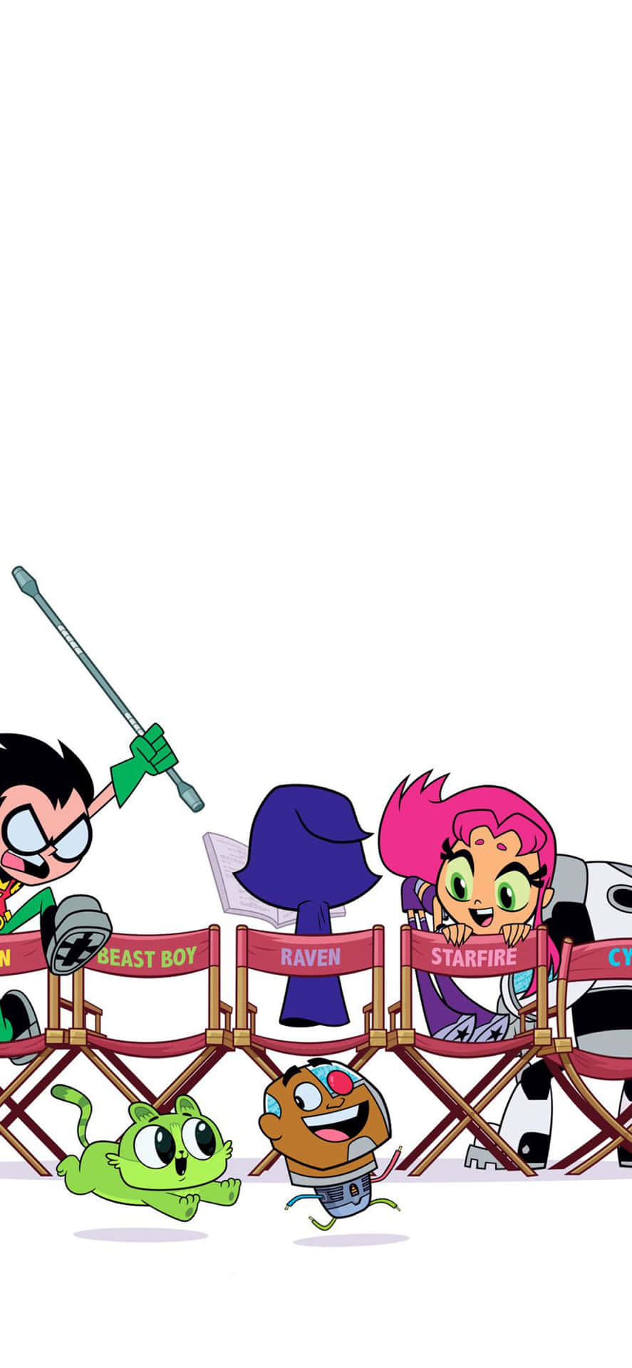  壁紙 — Teen Titans 角色坐在導演椅上，Beast Boy 和 Cyborg 在前面奔跑，背景為純白色。