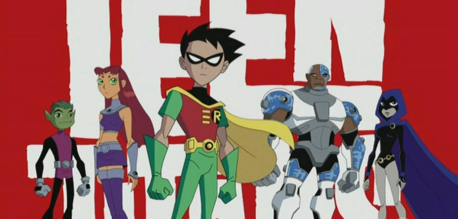 teen titans go 桌布 壁紙 — Teen Titans 動畫團隊自信地站在大膽的紅白 'TEEN' 背景前。