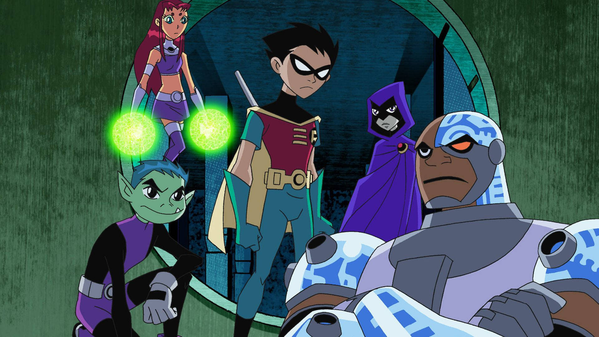 teen titans go 桌布 壁紙 — Teen Titans 動畫團隊在一個黑暗的未來風格房間中，周圍有發光的綠色球體，準備就緒。