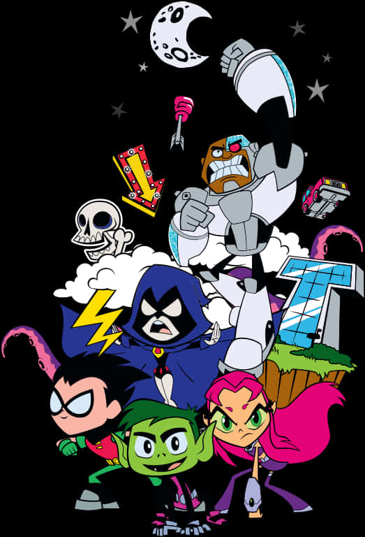 Teen Titans Go Raven 桌布 壁紙 — Teen Titans 角色以動態姿勢，背景是繁星點點的夜空，有新月和漂浮的符號。