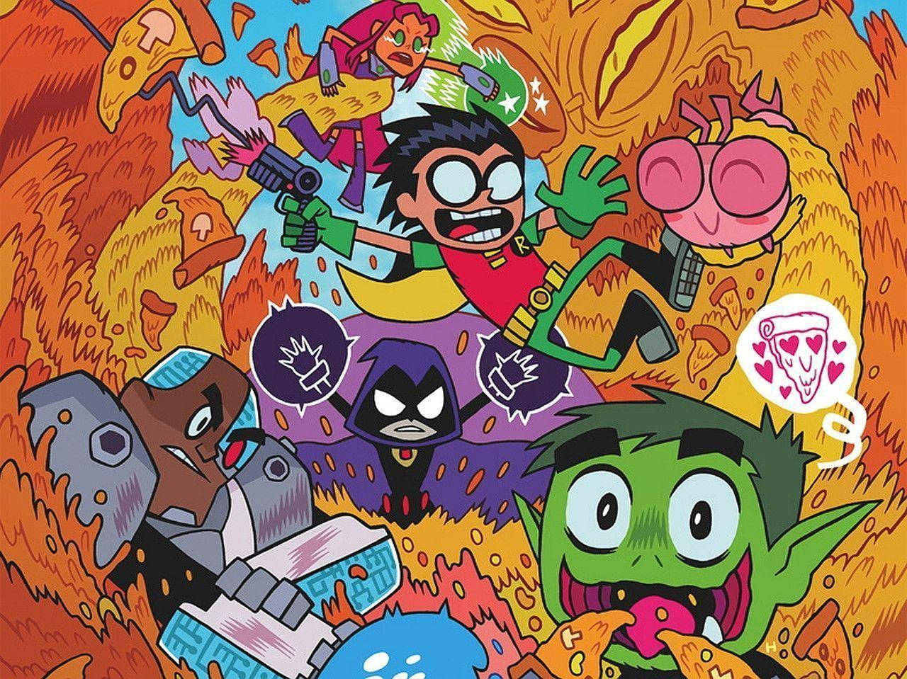 teen titans go 桌布 壁紙 — Teen Titans 角色在火熱的橙色背景下爆發混亂的披薩主題動作。