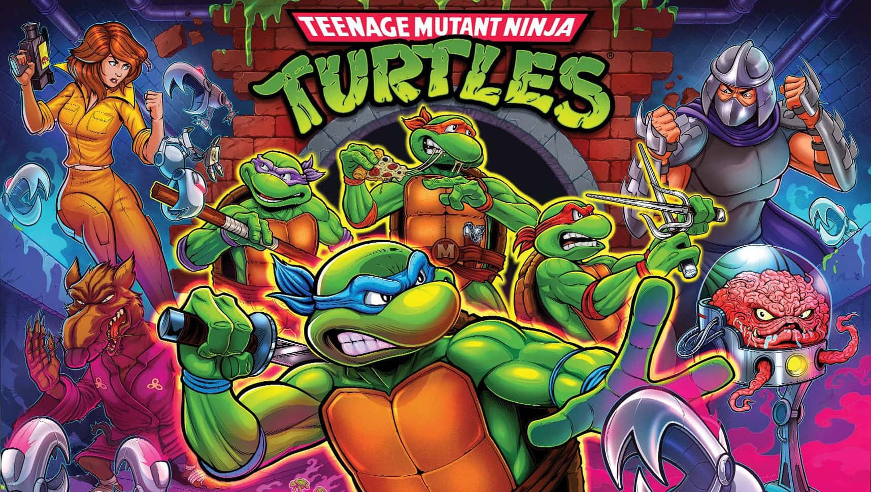 Ninja Turtle 桌布 壁紙 — Teenage Mutant Ninja Turtles 以充滿活力的漫畫風格，手持武器英勇地對抗反派，背景是粗糙的城市下水道。