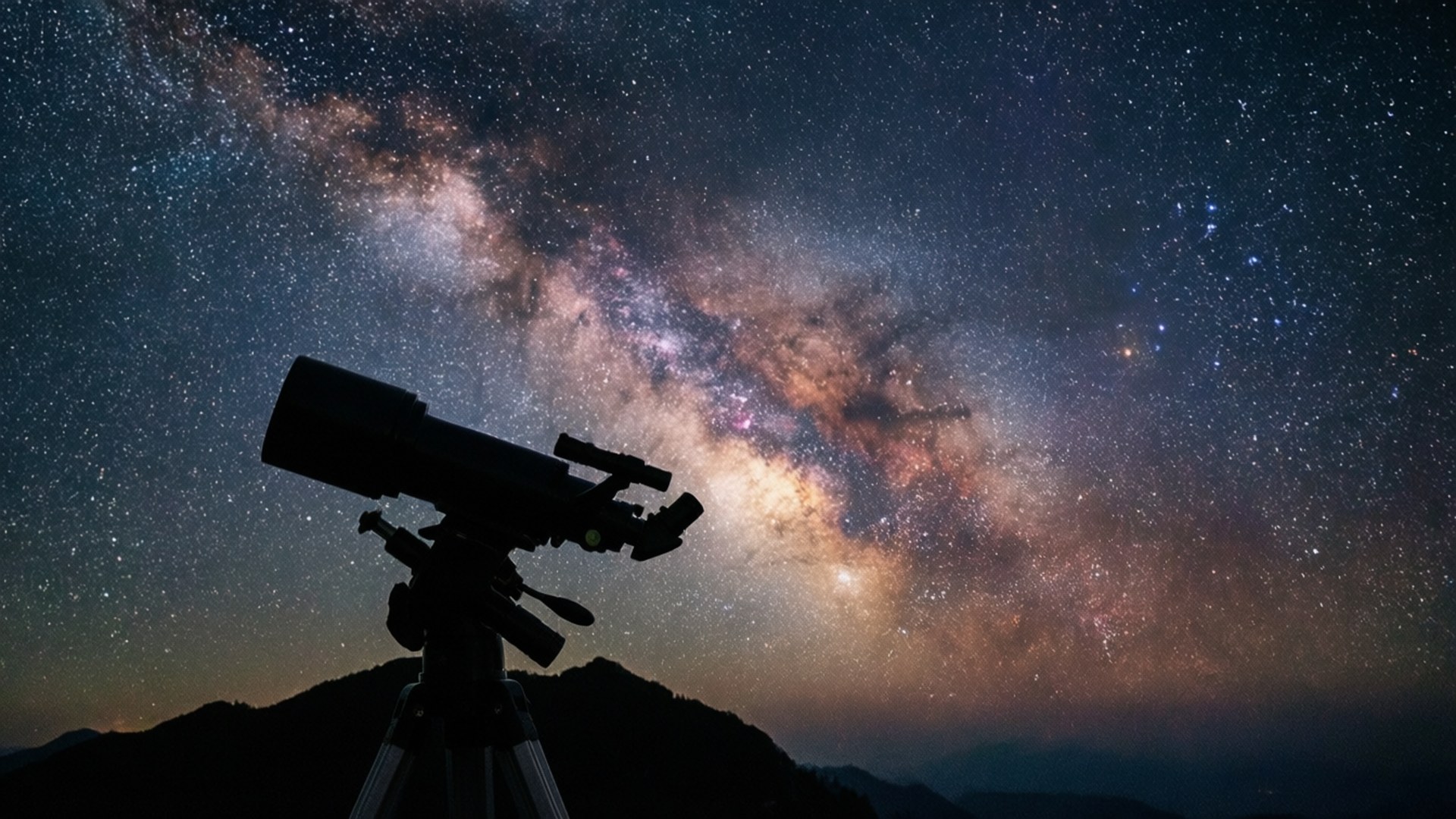 Galactic Awakening 壁紙 — 望遠鏡剪影映襯著橫跨山頂上空繁星點點的夜空、拱形延伸的璀璨銀河。