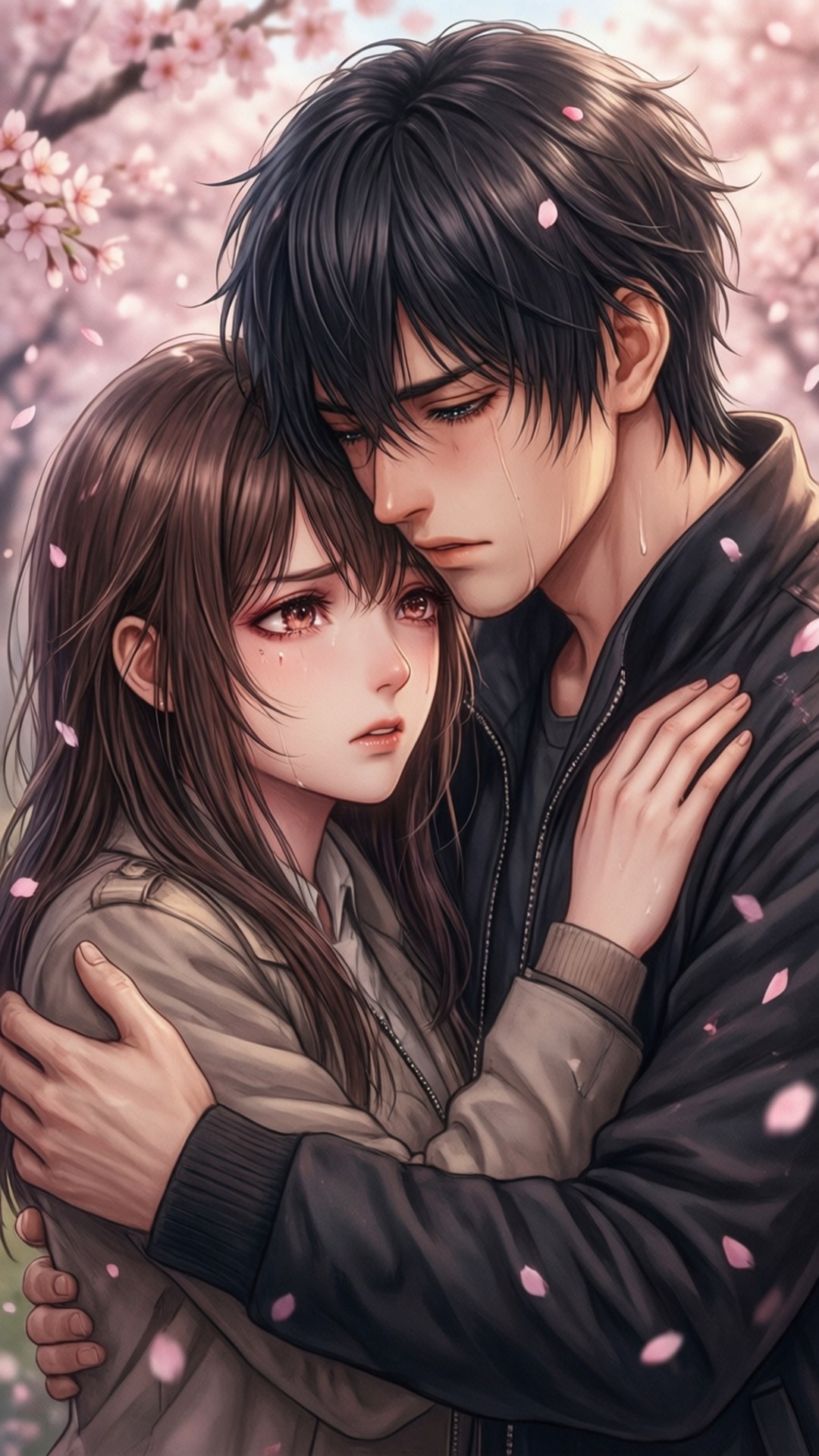 Love and Revenge 壁紙 — 一對溫柔的動漫情侶在飄落的櫻花下擁抱，柔軟的粉紅色花瓣在他們周圍旋轉。