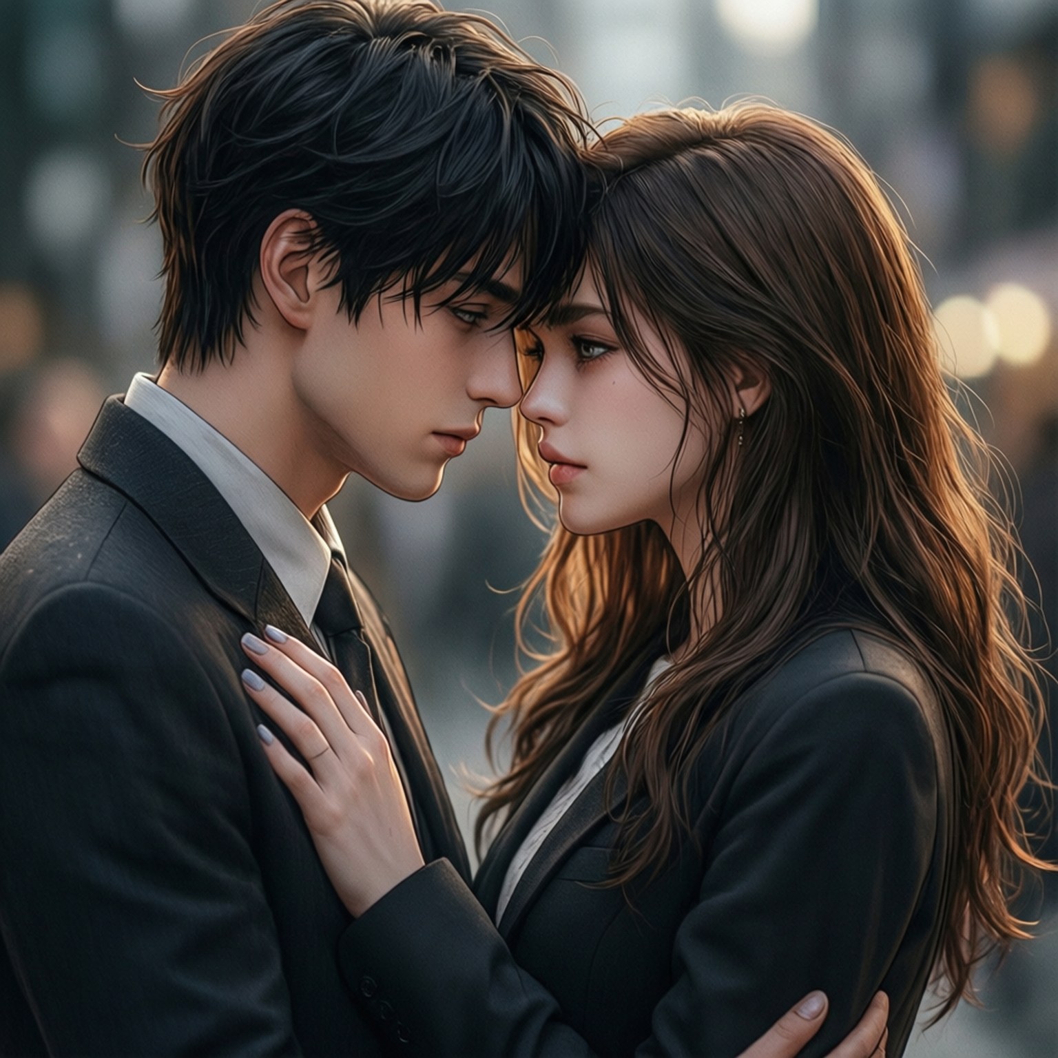 Tender Embrace 壁紙 — 一個溫柔的時刻，一個男人和一個女人穿著深色西裝，額頭相觸，沐浴在溫暖的金色光芒中，背景是模糊的城市。