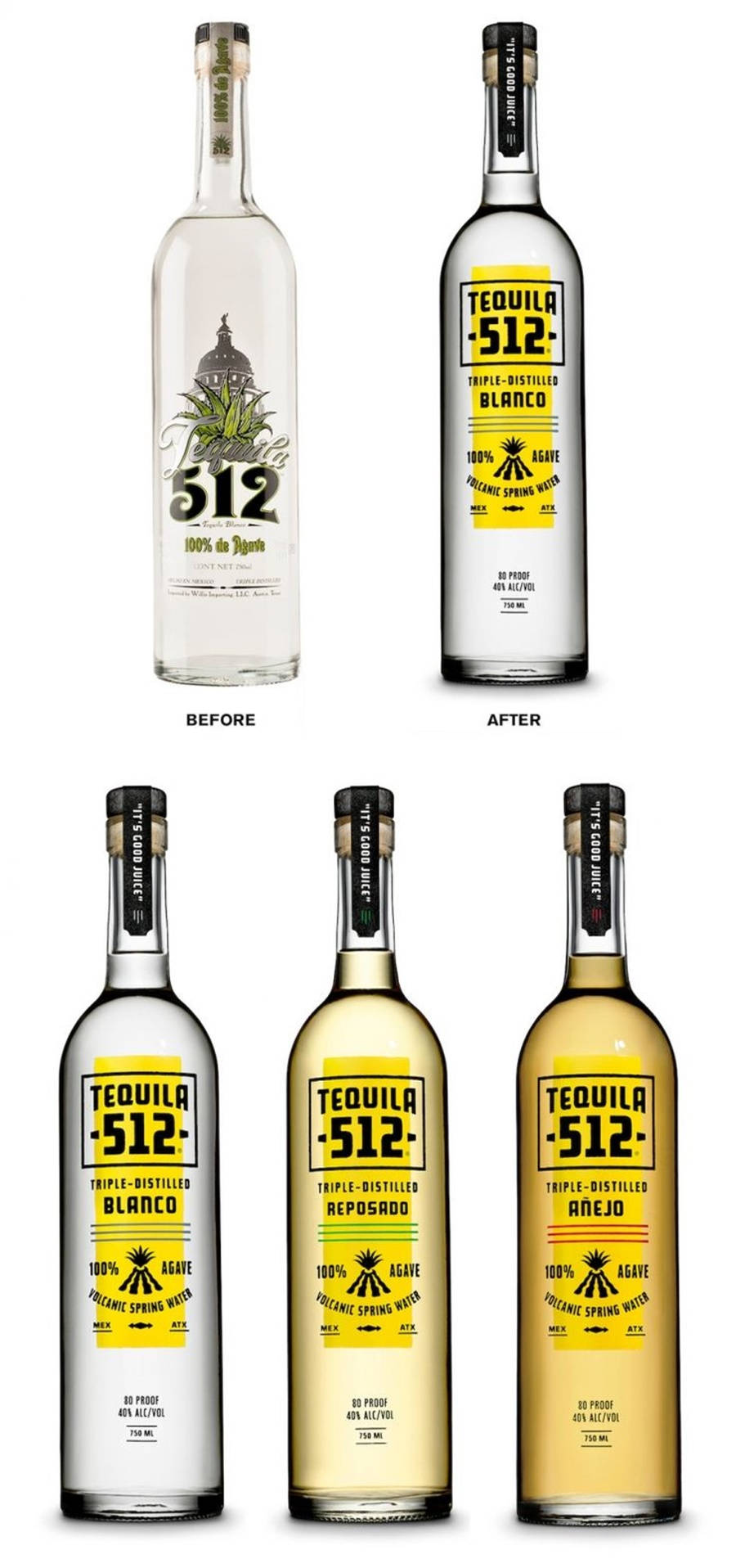 drinks 桌布 壁紙 — Tequila 512 酒瓶重新設計前後對比，展示復古標籤與現代簡約黃色標籤設計。