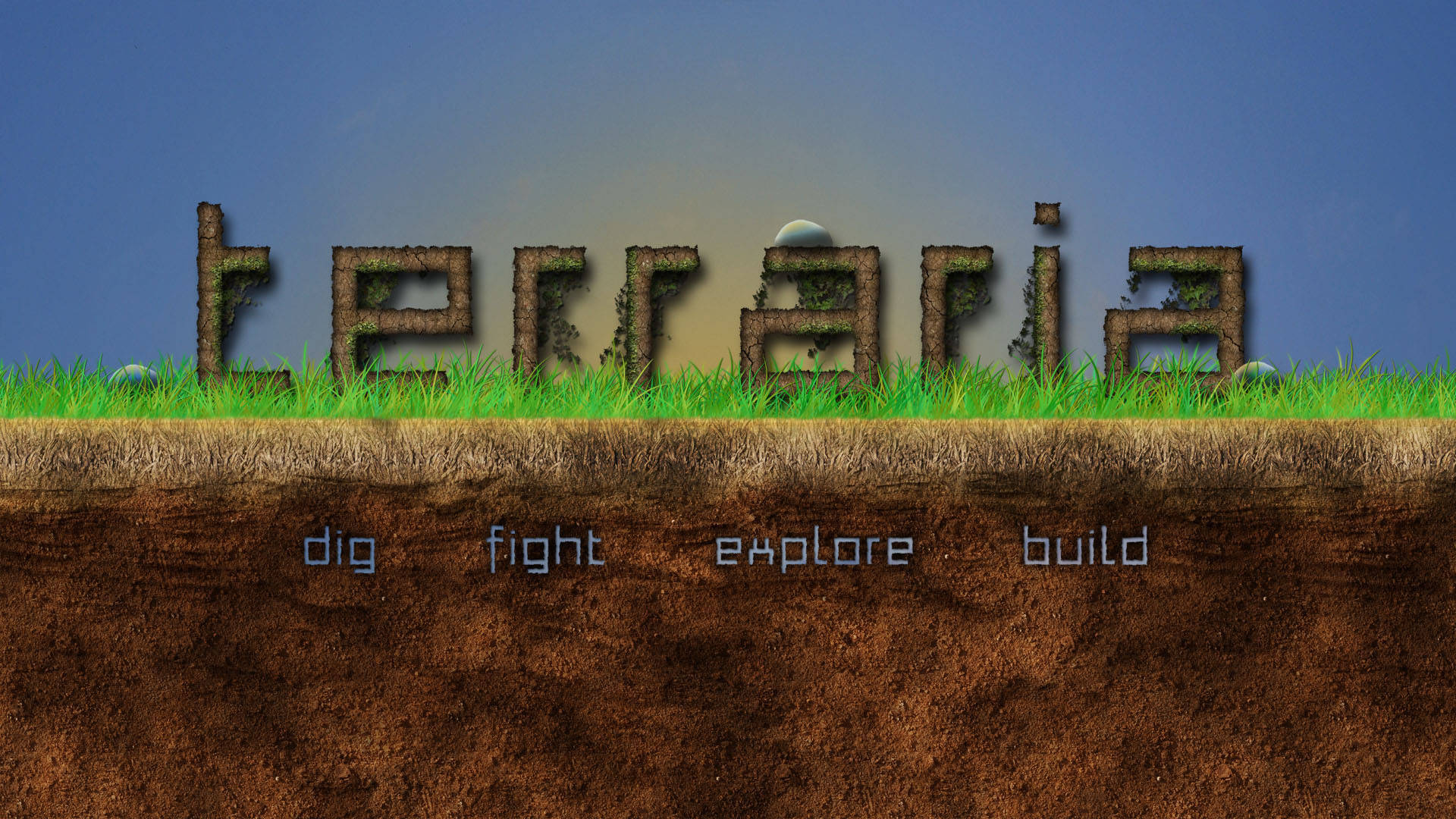 泰拉瑞亞 桌布 壁紙 — 「terraria」這個字從泥土中浮現，字母上長出草，背景是藍天和漸變日落。