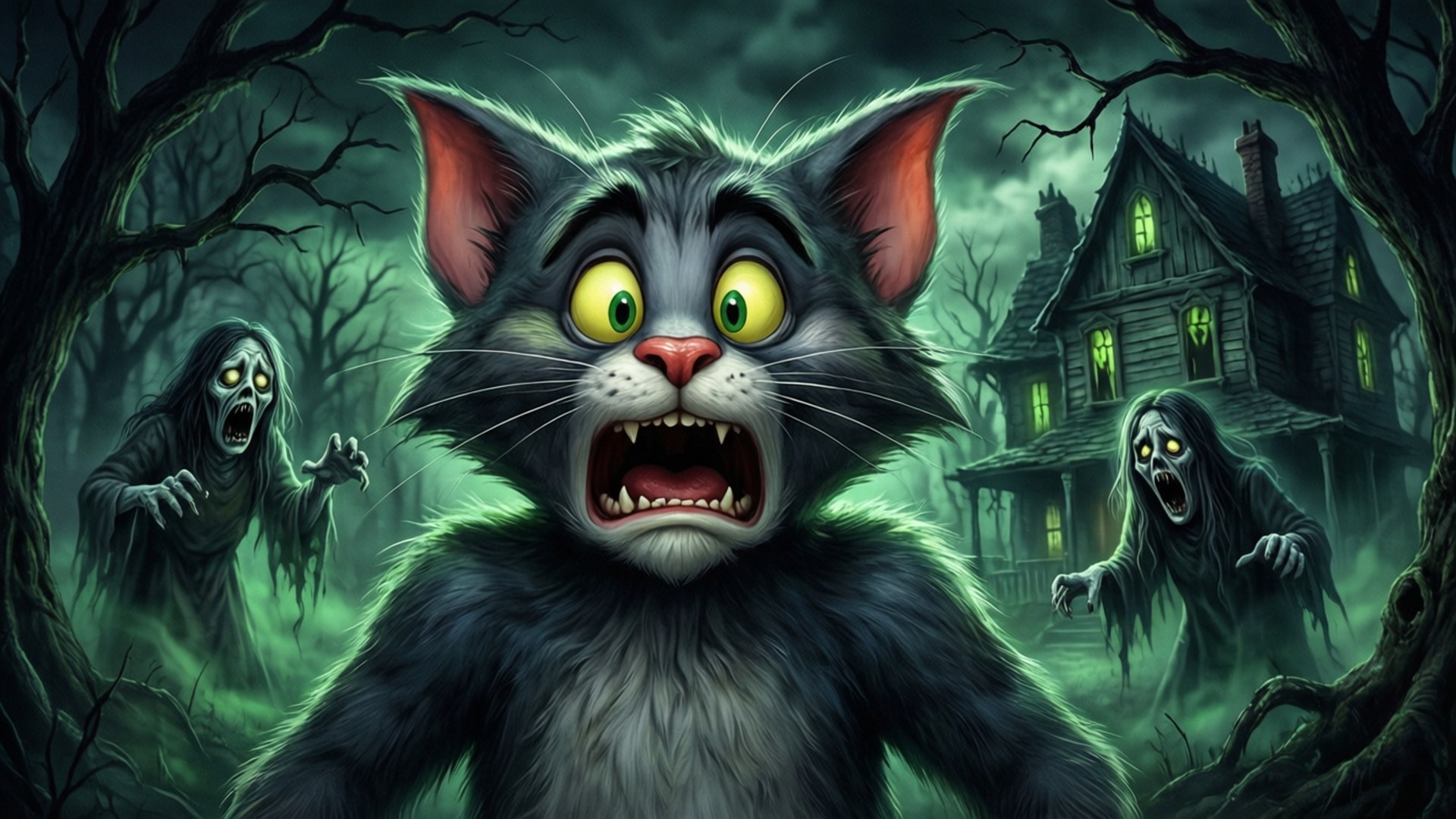 Spooky Cat 壁紙 — 一隻驚恐的卡通貓，眼睛發出綠色光芒，在鬧鬼的森林中尖叫，鬼魂般的身影從扭曲的樹後出現，附近有一座陰森的房子。