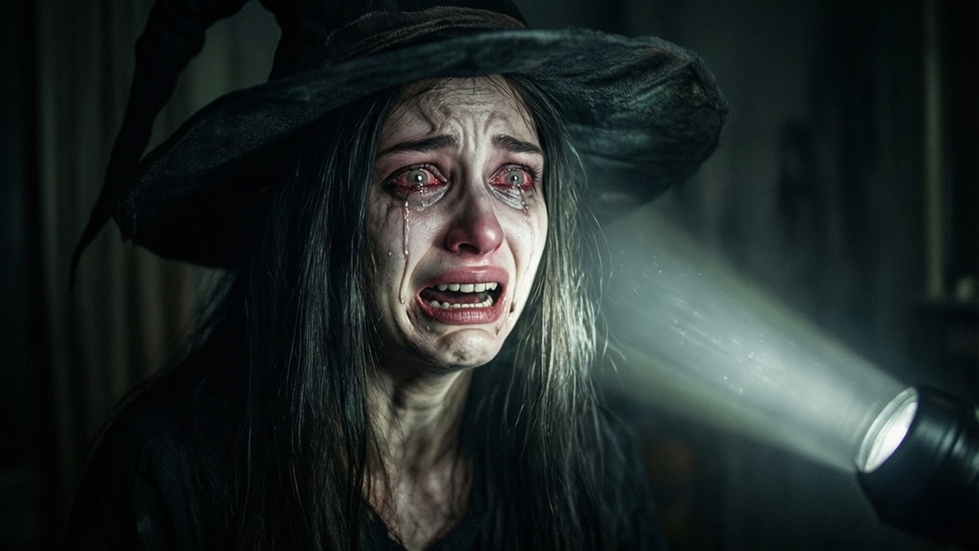 Witch's Lament 壁紙 — 一個驚恐的女巫，眼睛發出紅光，臉上帶有淚痕，在黑暗的房間裡被手電筒光束照亮，尖叫著。