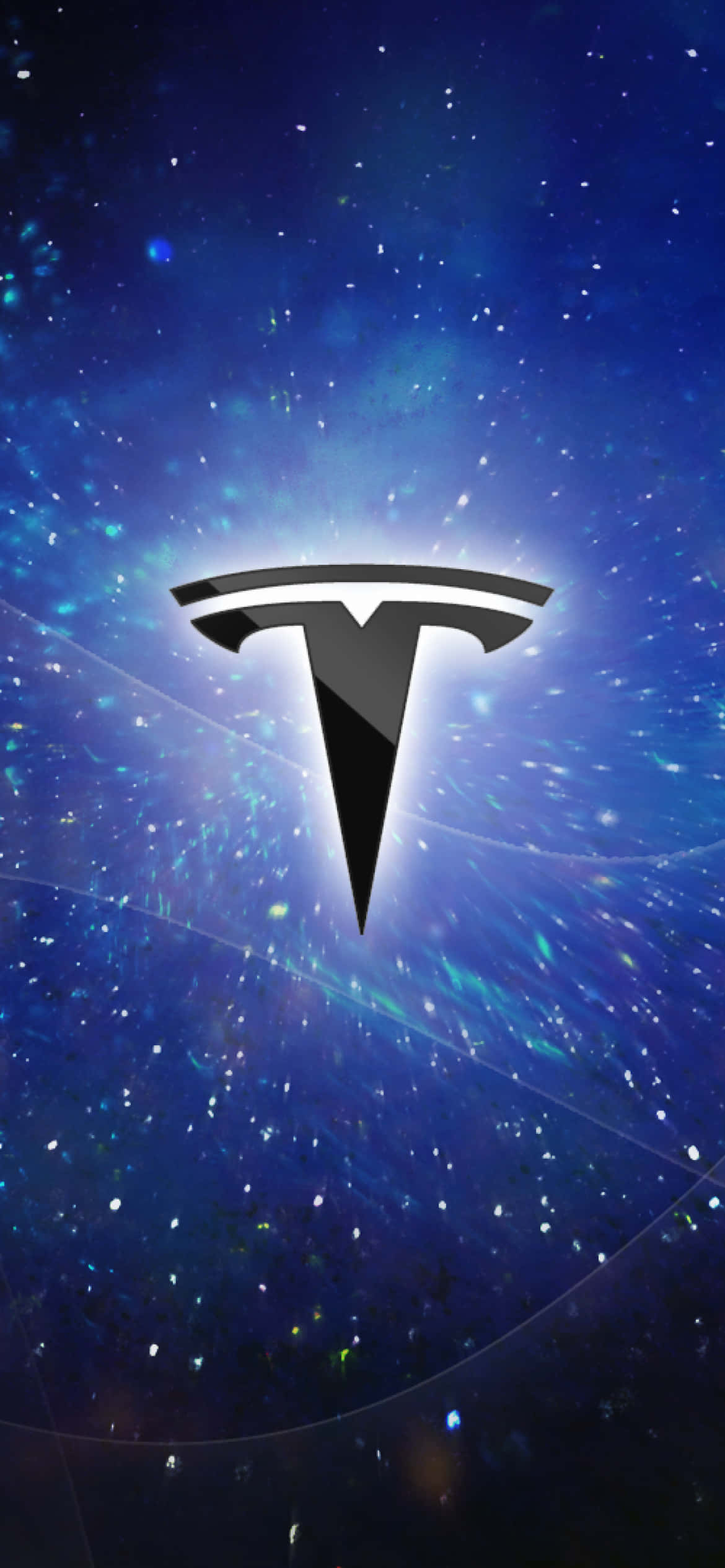 桌布 壁紙 — Tesla 標誌居中，背景為充滿活力的宇宙背景，帶有深藍色和紫色的發光星星和星雲。