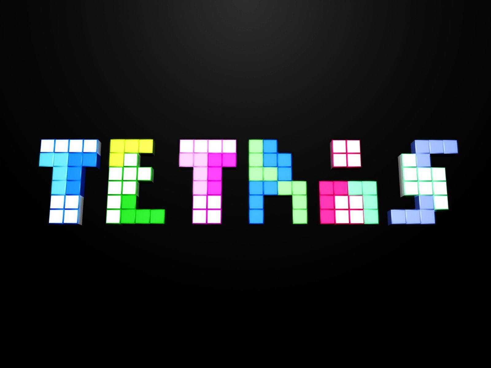 game 桌布 壁紙 — 「Tetris」一字由色彩繽紛的像素方塊組成，在深色漸變背景上發光。
