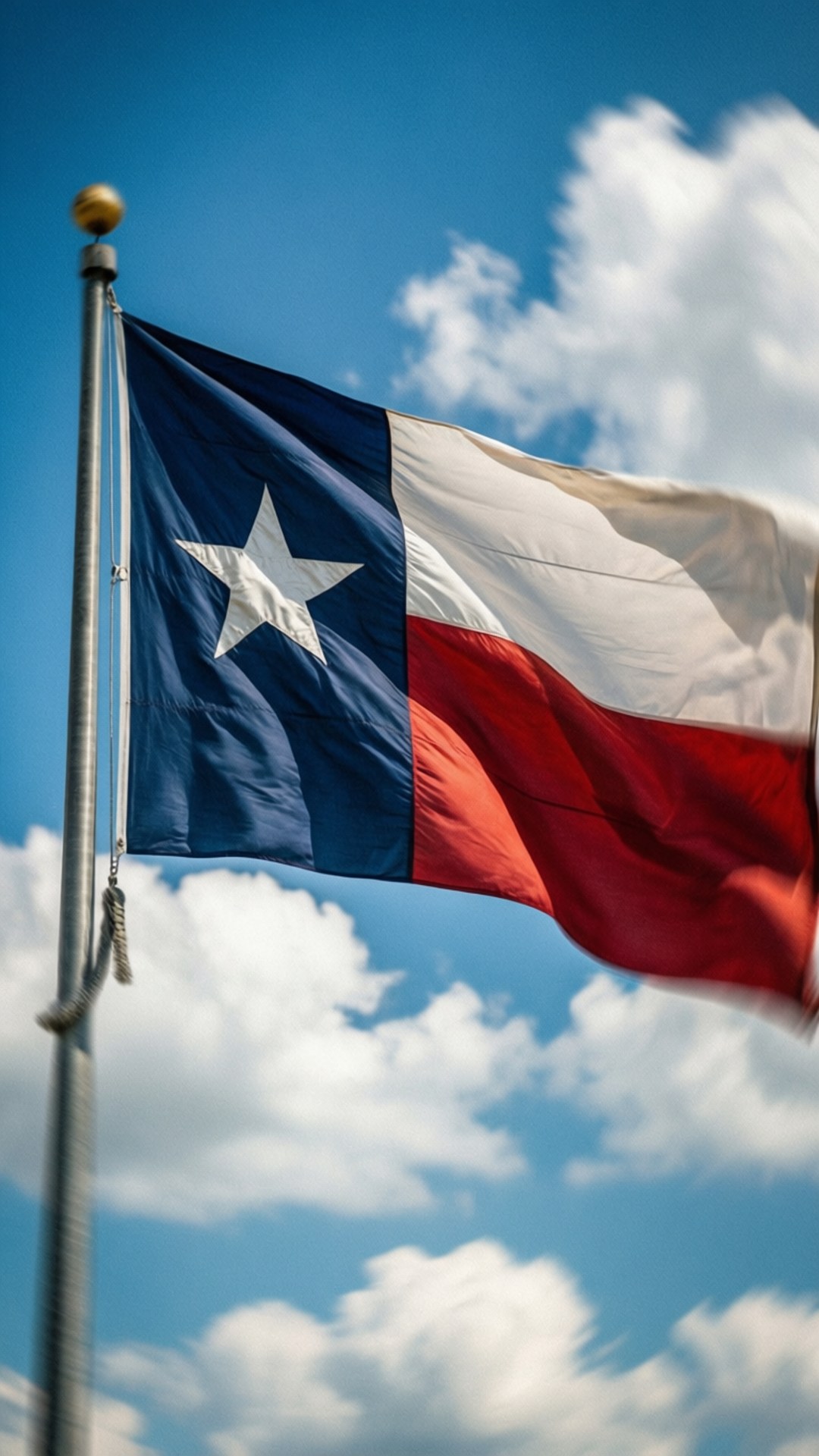 Texas Flag Waving 壁紙 — 德州州旗，帶有白色星星和紅白藍條紋，在明亮的藍天和蓬鬆的白雲中勇敢飄揚。