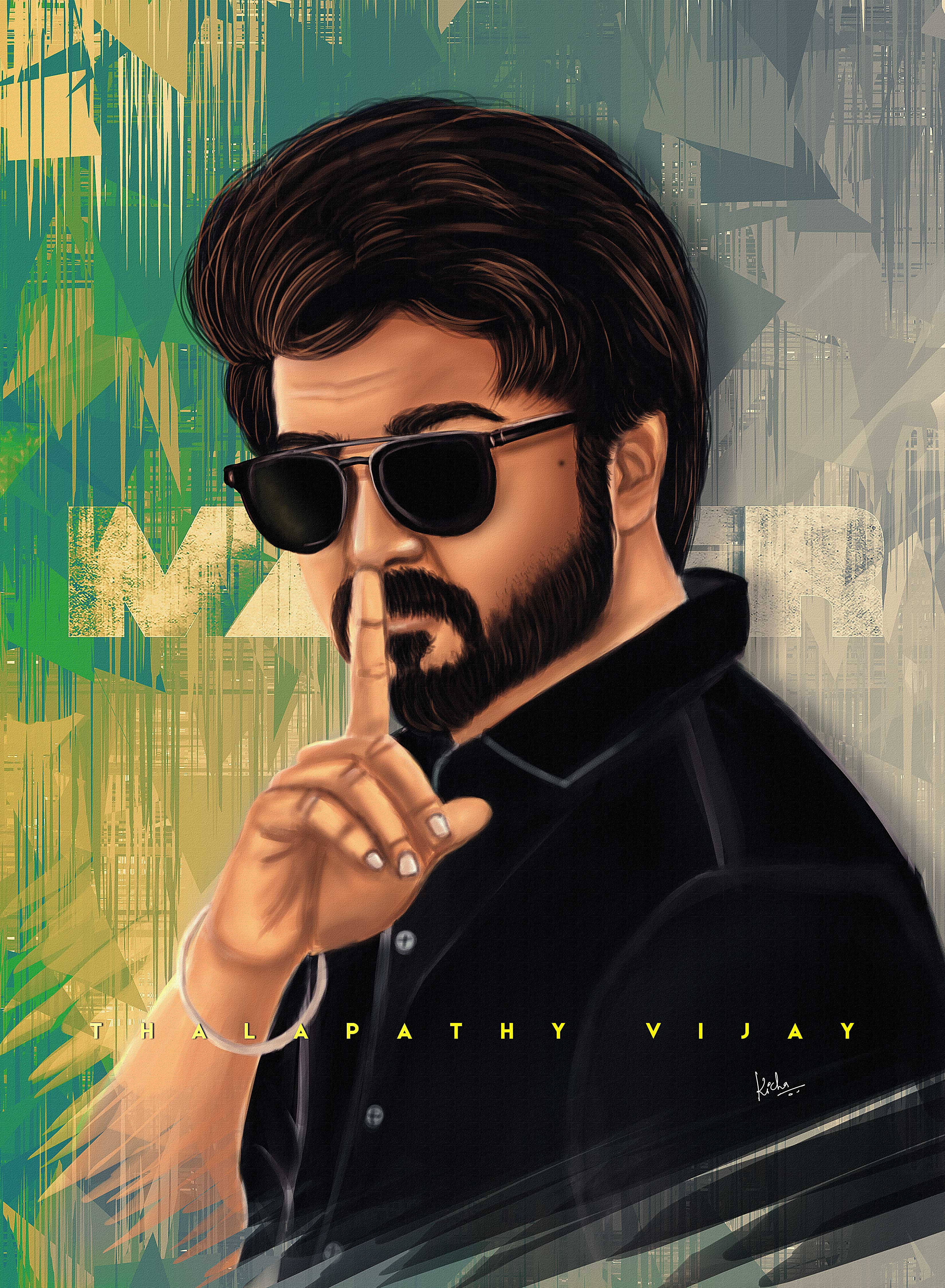 Indian 桌布 壁紙 — Thalapathy Vijay 戴著太陽眼鏡，在充滿活力的抽象城市景觀背景下做出噤聲手勢的風格化數位肖像。