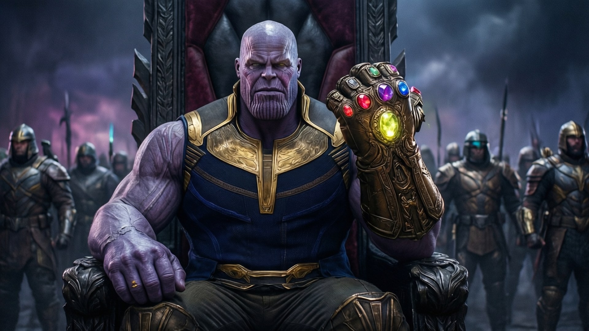Thanos Infinity Throne 壁紙 — 薩諾斯坐在王座上，穿著金色盔甲，手持無限手套，六顆寶石閃閃發光。