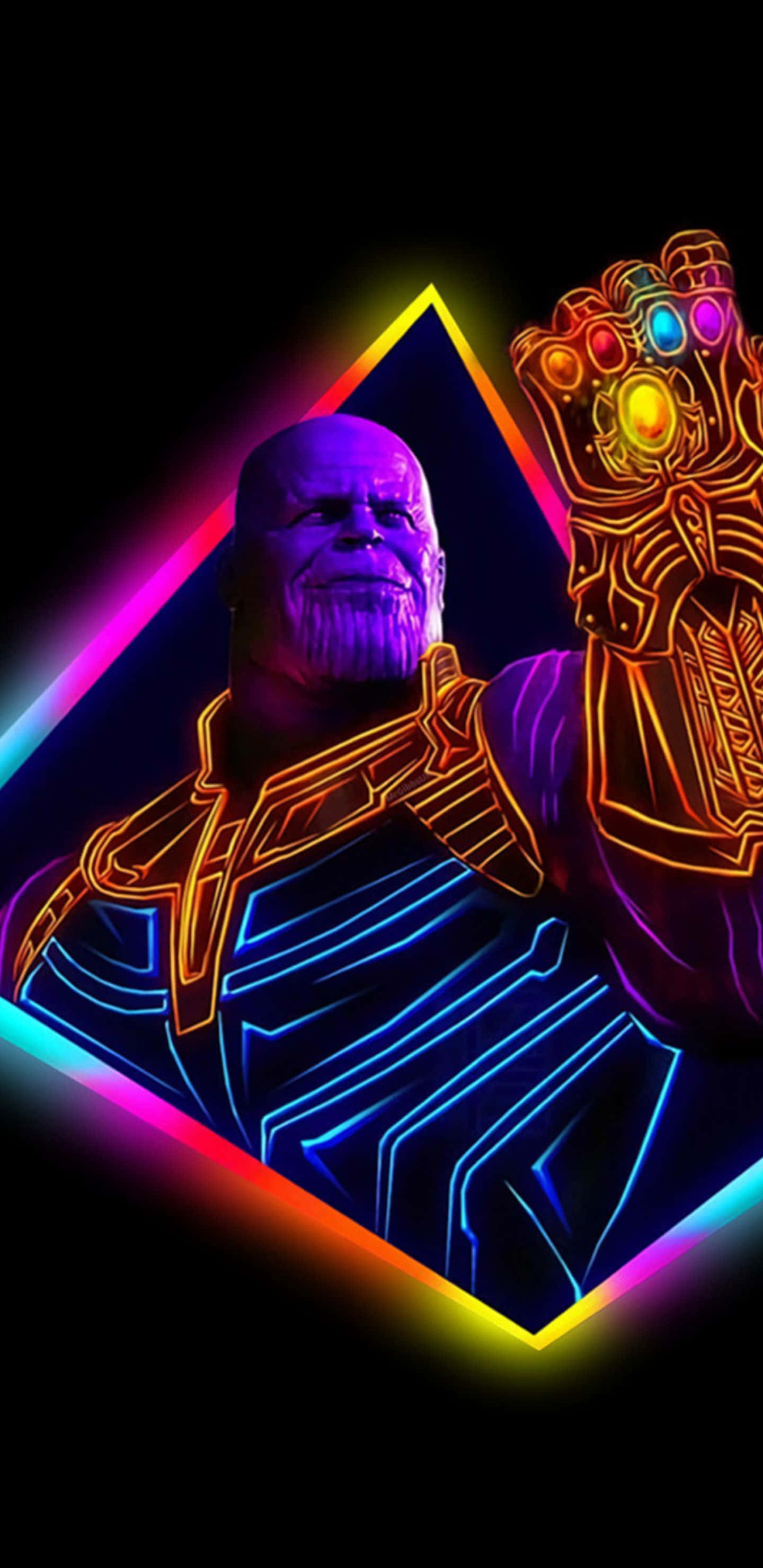 Retro 桌布 壁紙 — Thanos 以霓虹輪廓在黑背景上發光，並由鮮豔的彩虹三角形框住。