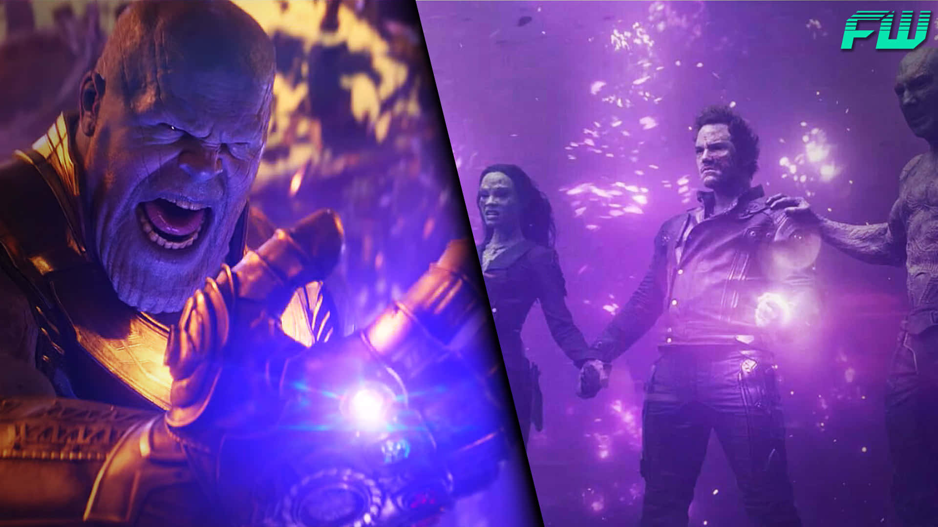 Power Stone 桌布 壁紙 — Thanos 咆哮著發光的紫色手套，而星際異攻隊在宇宙紫色光芒中挑釁地站立。