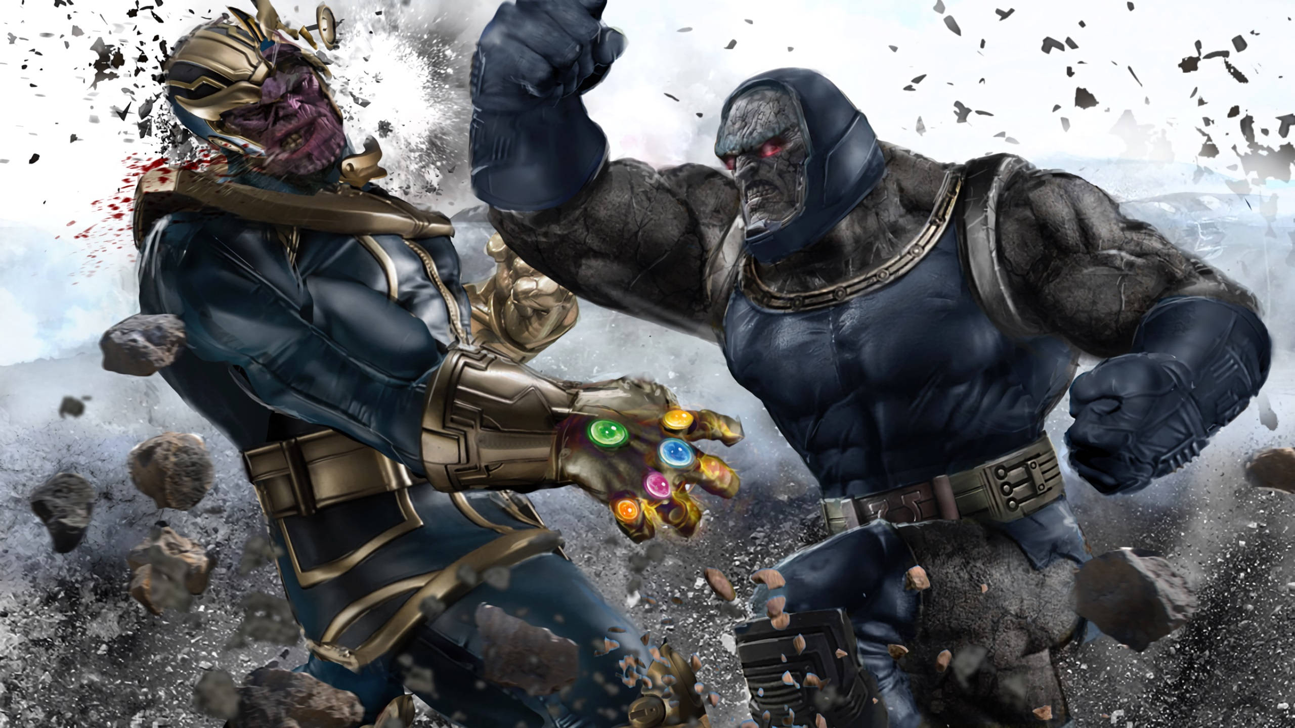 薩諾斯 桌布 壁紙 — Thanos 和 灭霸 在破碎的戰場上衝突，碎片飛揚，Thanos 舉起拳頭。