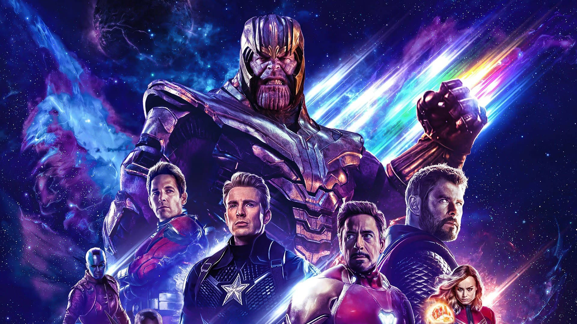 電影動圖 桌布 壁紙 — Thanos 在宇宙戰鬥中籠罩住復仇者聯盟，背景是鮮豔的星雲和星光。