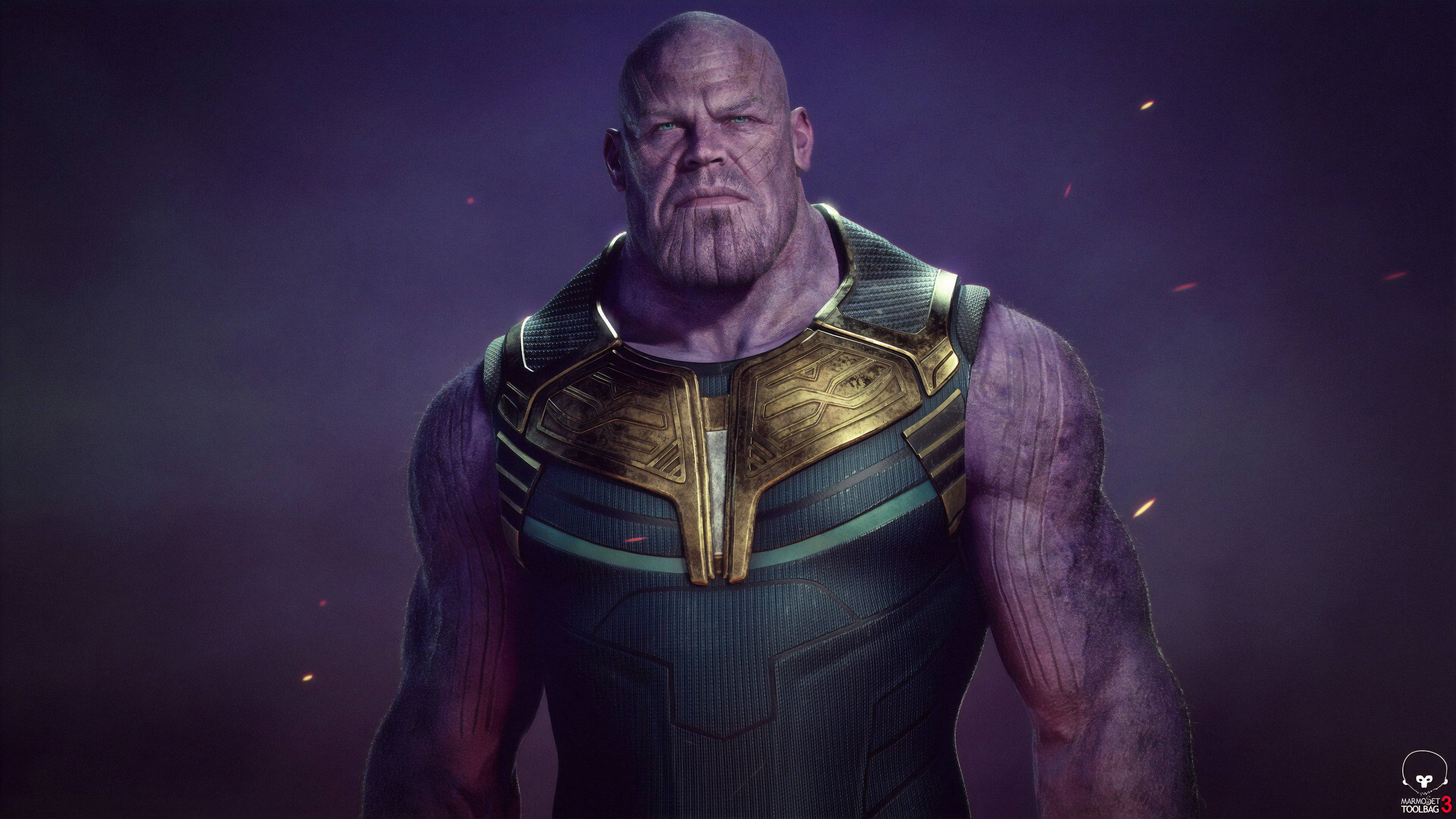 漫威 桌布 壁紙 — Thanos 在深紫色迷霧中威風凜凜地站立，發光的餘燼漂浮在他裝甲軀幹周圍。