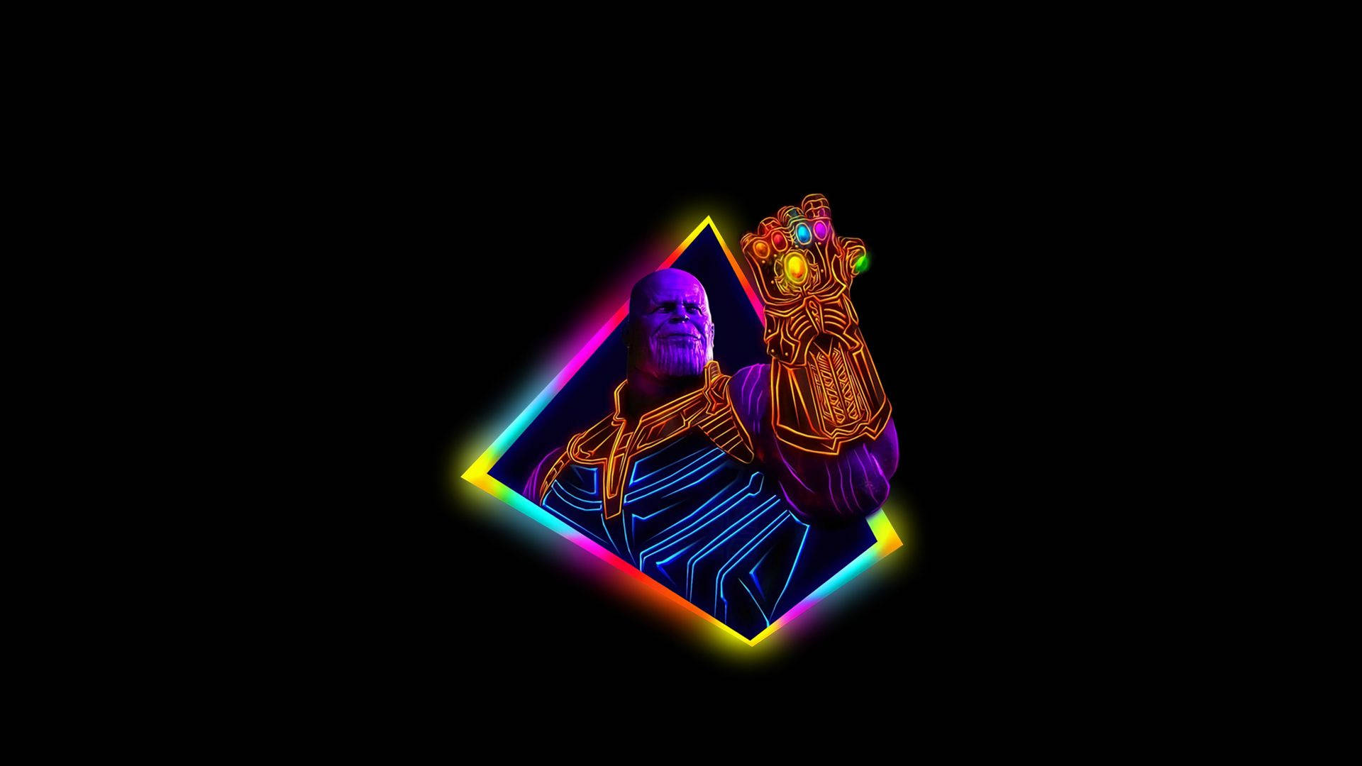 Outrun 桌布 壁紙 — Thanos 在霓虹燈鑽石框架中手持無限手套，背景為黑色。