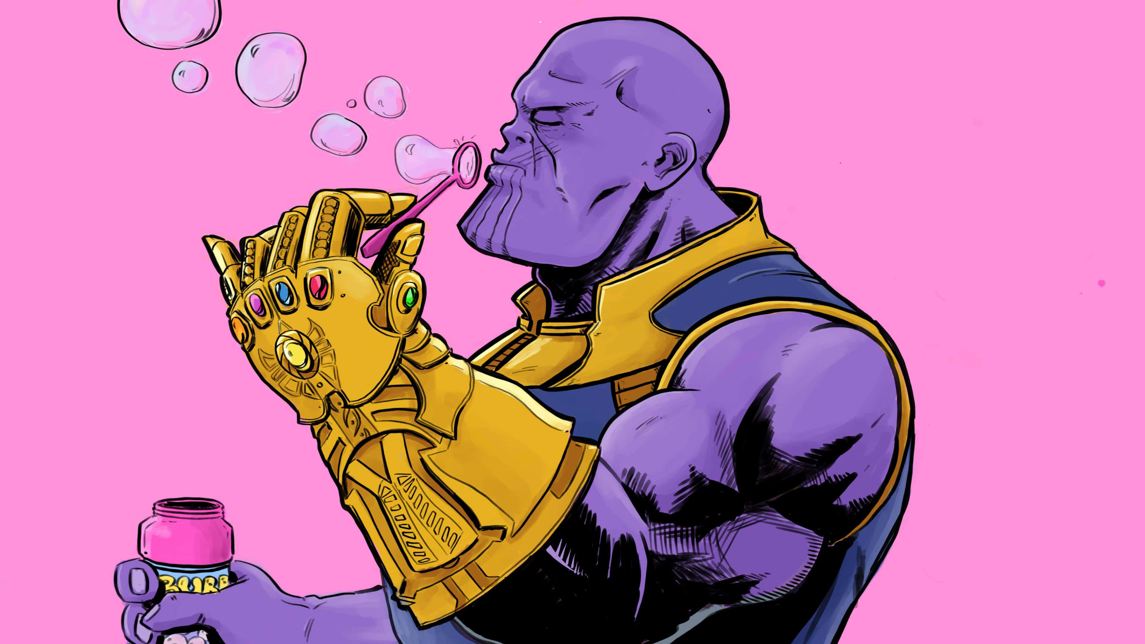 meme 桌布 壁紙 — Thanos 用他的無限手套吹出粉紅色泡泡，背景是純粉紅色。