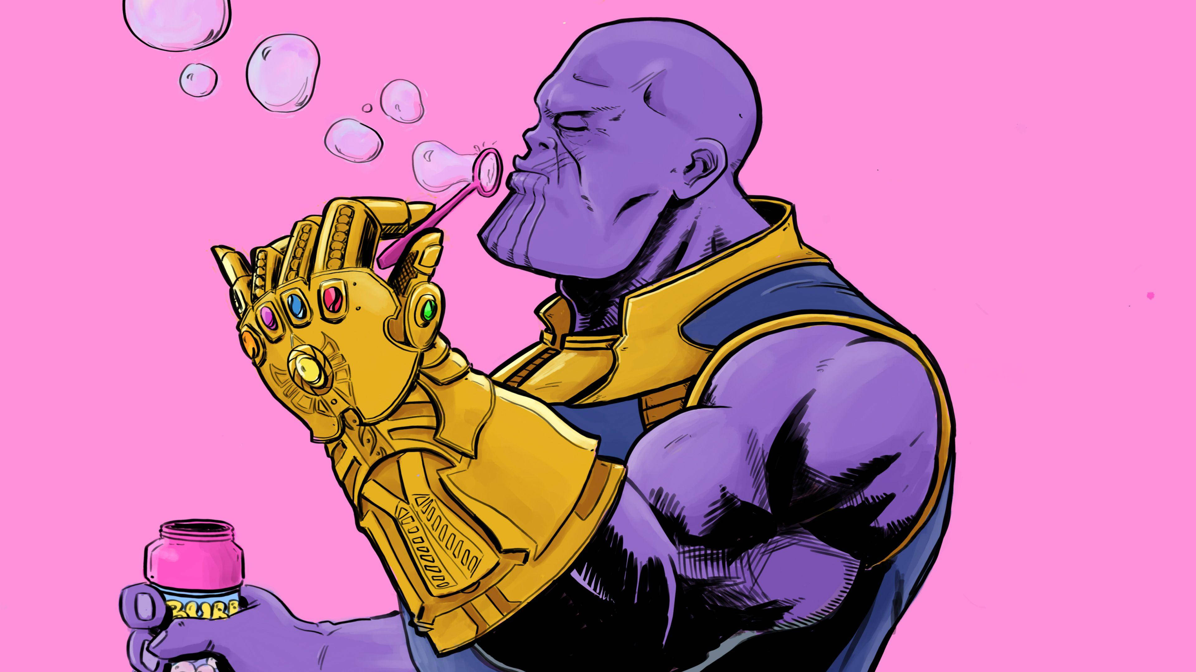 漫威 桌布 壁紙 — Thanos 用他的無限手套吹出粉紅色泡泡，背景為純粉紅色，以卡通風格呈現。