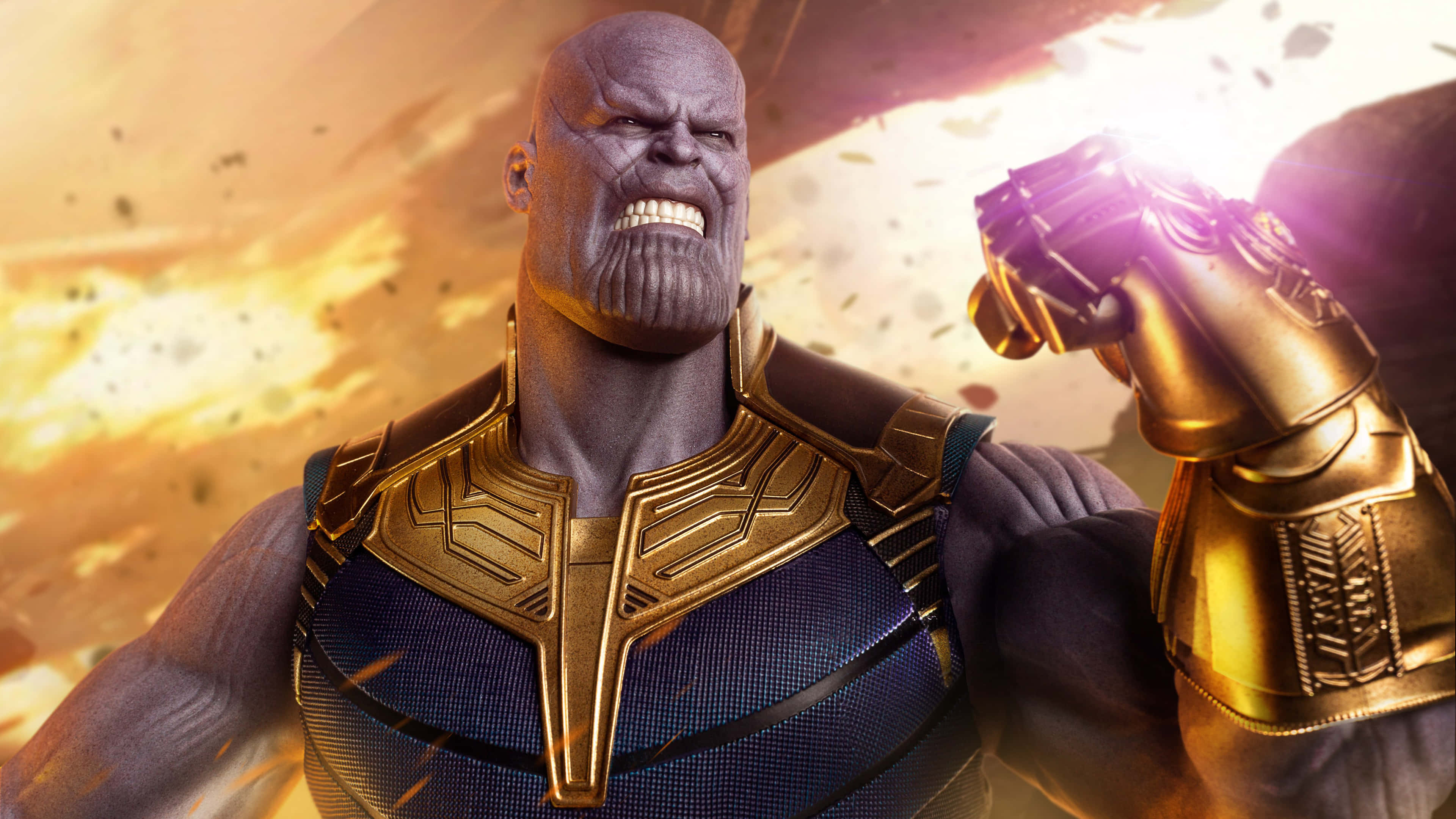 漫威 桌布 壁紙 — Thanos 身穿紫色盔甲，怒吼著，他的金色手套在熾熱的宇宙背景下發光。