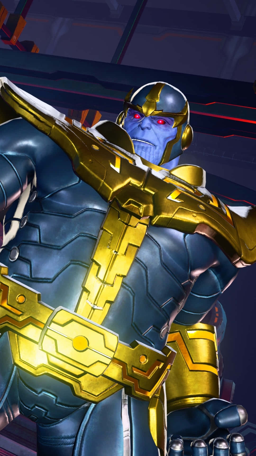 Marvel Vs Capcom Characters 桌布 壁紙 — Thanos 身穿藍色和金色盔甲，在黑暗的科幻場景中手持巨大武器，眼睛發出紅光。