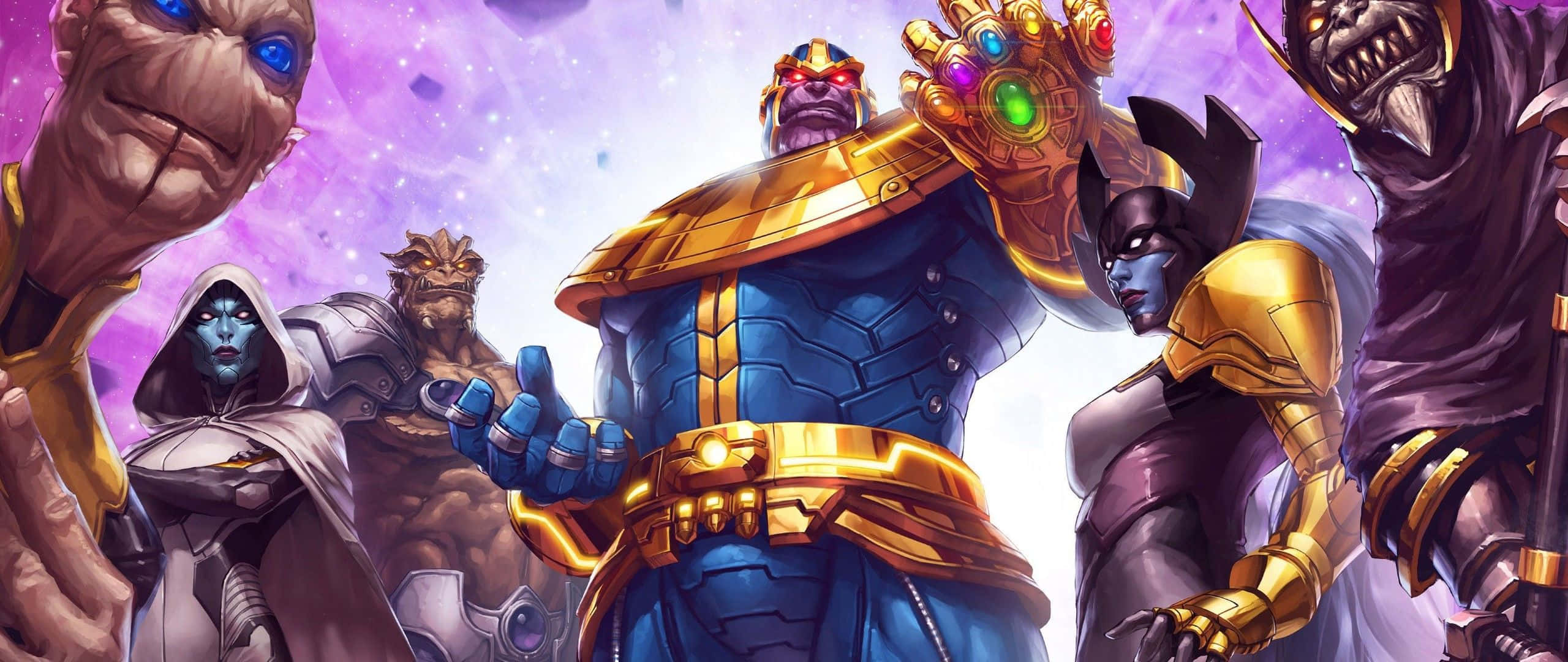 薩諾斯 桌布 壁紙 — Thanos 身穿藍金盔甲，揮舞著無限手套，被強大的盟友包圍，背景是宇宙紫色。