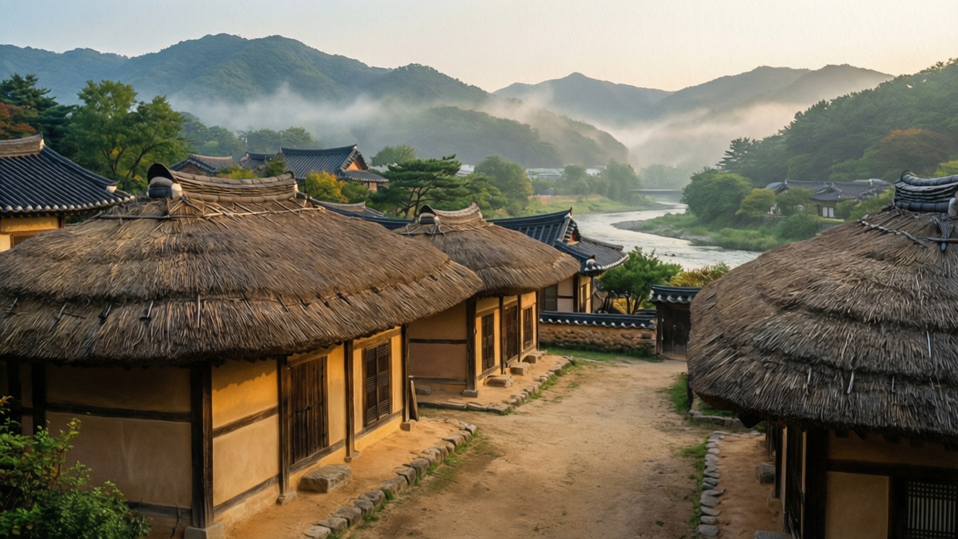 Andong Hahoe Misty Morning 壁紙 — 茅草屋頂的小屋沿著河邊的泥濘小徑排列，背景是黎明時分霧氣繚繞的山巒。