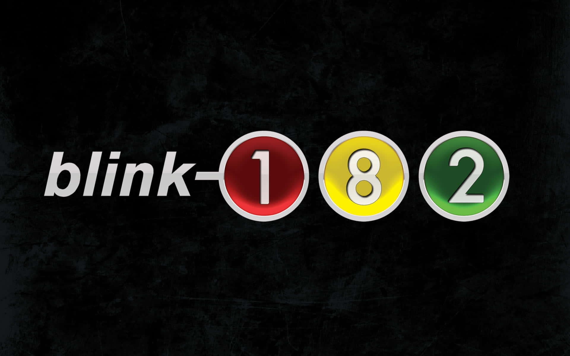  壁紙 — 樂團名稱 blink-182 以白色文字顯示，並帶有紅色、黃色和綠色的圓形數字，背景為深色紋理。