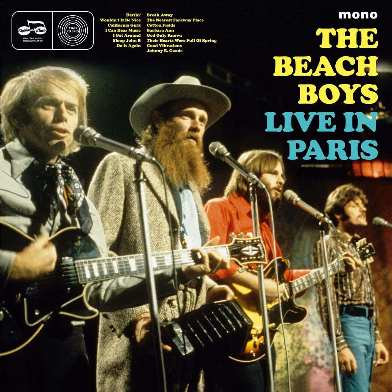 專輯封面 桌布 壁紙 — The Beach Boys 在巴黎現場演出，吉他與麥克風在溫暖的舞台燈光下。