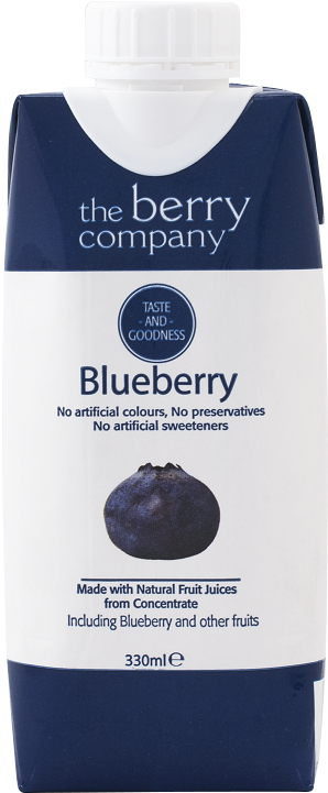 藍莓 桌布 壁紙 — The Berry Company 的乾淨藍莓汁紙盒，帶有白色標籤和深藍色點綴，並有一個藍莓插圖。