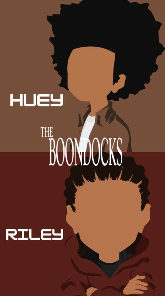 Dreadlocks 桌布 壁紙 — 《The Boondocks》中兩個角色的極簡插圖，帶有粗體文字和純色色塊。