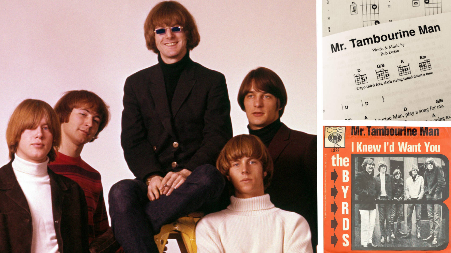 岩石 桌布 壁紙 — The Byrds 樂團成員穿著1960年代摩登服裝，在他們的《Mr. Tambourine Man》專輯封面和吉他和弦旁擺姿勢。