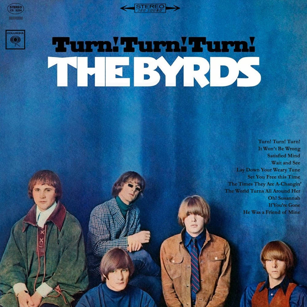Rock 桌布 壁紙 — The Byrds 的五位成員在他們《Turn! Turn! Turn!》專輯封面上，以純藍色背景擺出姿勢。