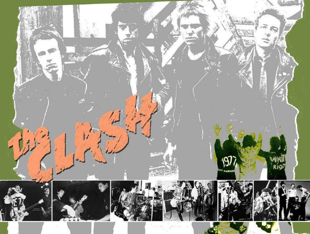 English 桌布 壁紙 — The Clash 樂團成員以粗獷黑白風格呈現，配上粗體橙色文字及綠色背景上的演唱會照片。