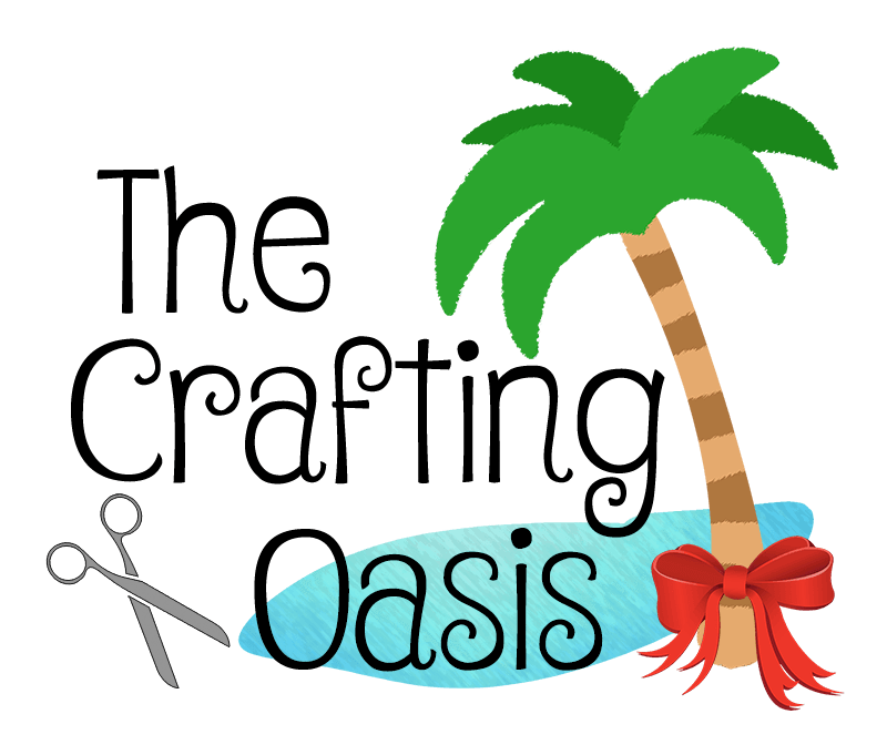 綠洲 桌布 壁紙 — The Crafting Oasis 的歡樂標誌，特色是有一棵棕櫚樹，樹上有紅色蝴蝶結和剪刀，背景是斑點圖案。